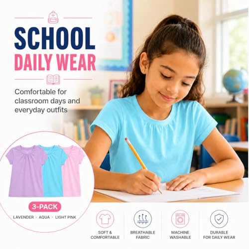 Image of Bienzoe Plain Solid Girls T-Shirts: School Basic Tee 3-Pack | Short Sleeve, Ages 4-13, PE, Recess, Outdoor Play, Soft Cotton Blend, Breathable Quick-Dry, Easy Care, Easy to Mix and Match