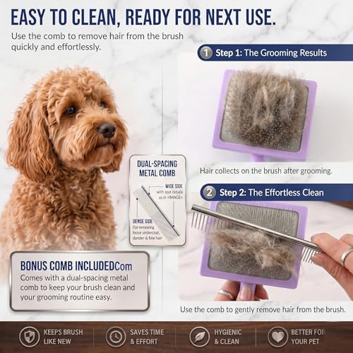 Image of Wooden Long Pin Slicker Brush for Dogs, Doodles, Poodles, Long Hair | Grooming, Detangling, and Fluffing for Wavy and Curly Hair-Designed for Heavy, Thick Coats to Prevent Matting at Home. Purple