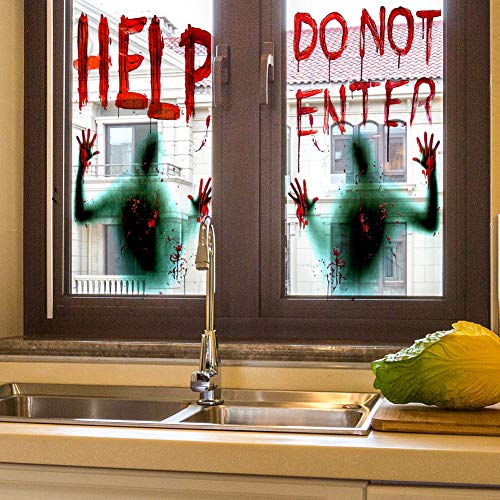 Gretess Halloween Window Door Decoration Set - 2 Giant Bloody Window Poster Clings & 6 Bloody Handprint Footprint & 16 Bloodmarks, Haunted Creepy Scary, Indoor Outdoor Party School House Door Decor