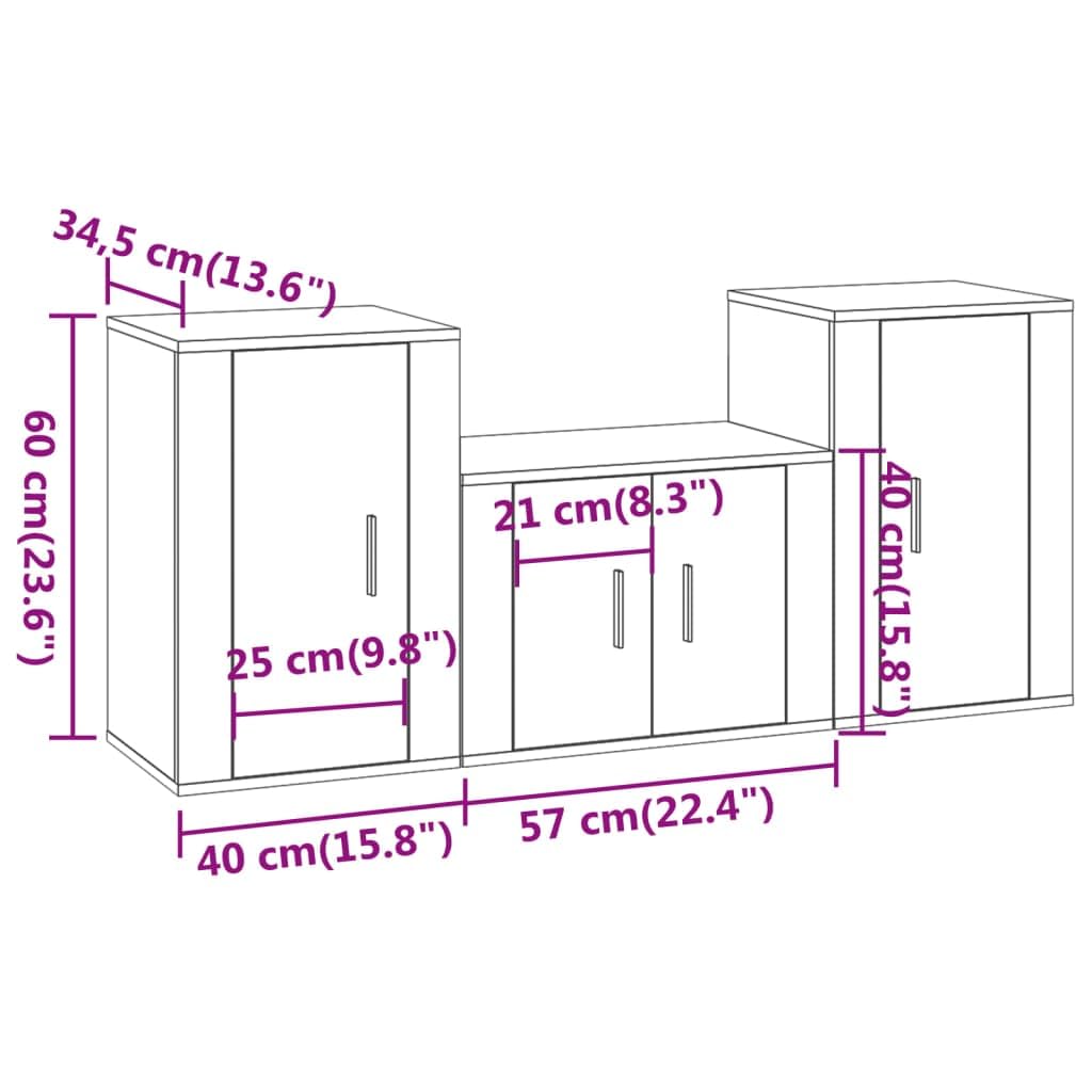 3-TLG. TV-Schrank-Set Grau Sonoma Holzwerkstoff, Wandmontage, Modernes Media-Center für Wohnzimmer, Robust & Stabil