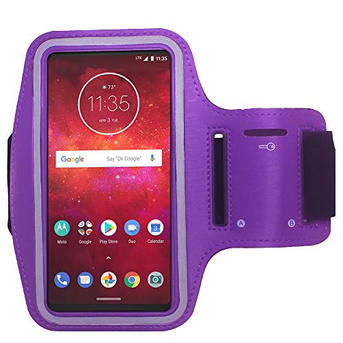 Port Wireless Adjustable Running Sports Armband Case for Motorola Moto G7, Moto Z3, Moto Z3 Play, G6, G6 Play, G6 Forge, Moto E5 LTE (TracFone), E5 Play, E5 Cruise, E4 Plus, Moto Z2 Force (Purple)