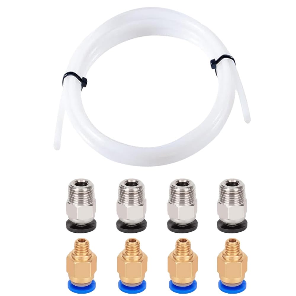 Rura teflonowa do drukarki 3D PTFE, 1 m, z 4 łącznikami pneumatycznymi PC4-M6 i 4 sztukami łączników pneumatycznych PC4-M10