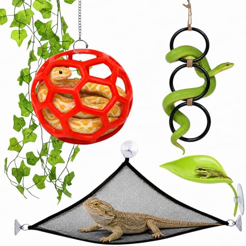 7-in-1 Snake Enclosure Accessories Enrichment Climbing Rings Climbing Ball with Chain & Suction Cups Mesh Hammock Artificial Ivy & Large Leaf Habitat for Ball Python Corn Snake and Reptiles
