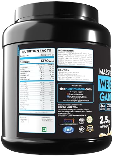 Image of Nutrimuscle Massive Weight Gainer for Men & Women, 2.5 Lbs - Cookies & Cream Flavour | High Calorie Formula with Complex Carbohydrates & Protein for Healthy Weight Gain
