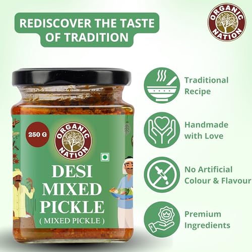 Image of ORGANIC NATION Deliciously Tangy Mixed Pickle | Pickles with Fresh Ingredients | Authentic Mixed Vegetable Pickle | Traditional Indian Achaar| No Preservatives | 250g Jar | Vibrant Green