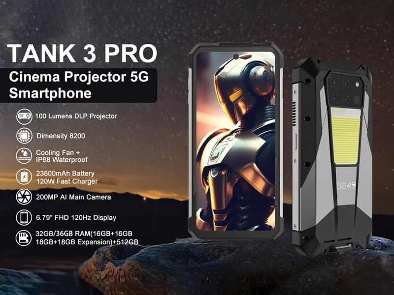 Image of Unihertz 8849 Tank 3 Pro with 100 Lumens Projector,32GB RAM,512GB ROM,23800mAh 120W Super Fast Charger,5G,200MP Camera Wifi 6, 6.79-inch FHD Screen, Android 13, 23800mAh battery, 696g Weight, 5G