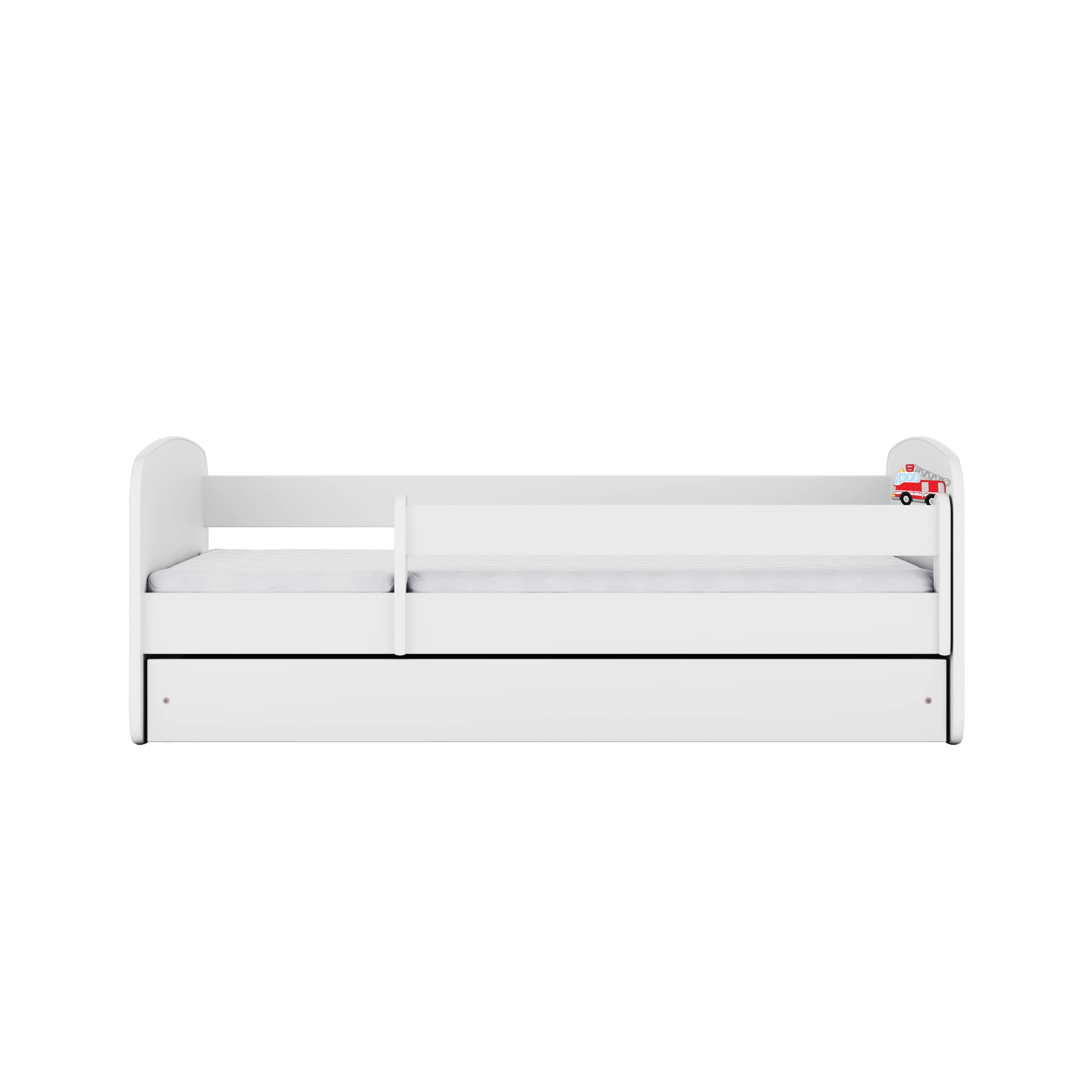 Cama Infantil 80x180 Cama para Niños Blanca con Barrera de protección contra caídas. cajones extraíbles y Base de Listones para niñas y niños - 80 x 180 cm Bomberos