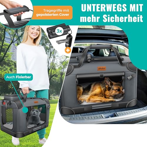 LOVPET® Transportbox Hund Katze Transporttasche XXL 92x64x64cm | Hunde-Tragetasche Faltbare Katzentasche | Haustier-Transportbox inkl. Hundenapf & Schultergurt | für Katzen & Hunde Anthrazit