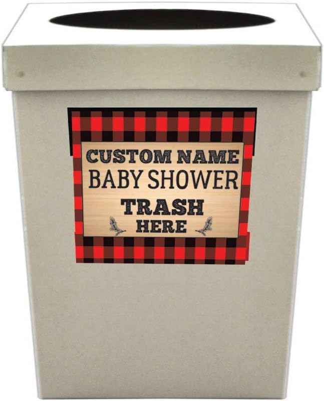 VICTORYSTORE Custom Lumberjack Baby Shower Large Trash Cans - Disposable and Recyclable Cardboard 4 Side Printing with Lid Buffalo Plaid Design (2)