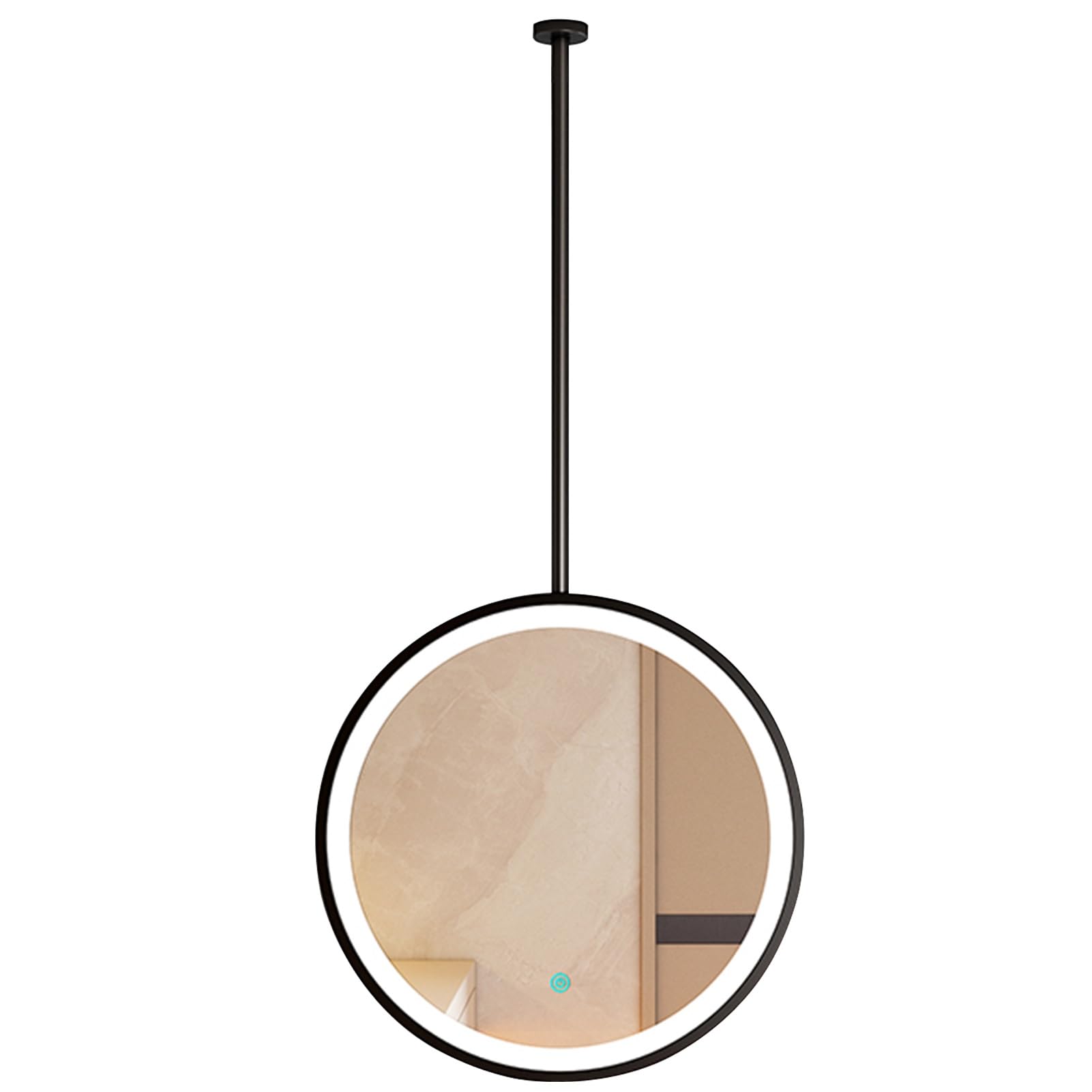 SXFSDOU Round Wall Mirror with Black Metal Frame and Boom, Ceiling Hanging LED Makeup Decorative Glass for Bathroom, Modern Shaving Mirror(Diameter-70CM/27.6INCH)