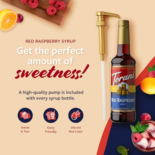 Image of Torani Red Raspberry Syrup for Drinks, Flavoring for Iced Tea, Sodas, Cocktails, and Milk Shakes, Pump Included, 25.4 Oz