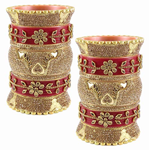 Image of NMII Traditional Gold Plated Acrylic Bangles Bridal Chuda Set For Women & Girls with Zircon Diamond & Pearls Beads Work | Royal Wedding Chudas | Premium Look | Bangles For Wedding, Festive, Function