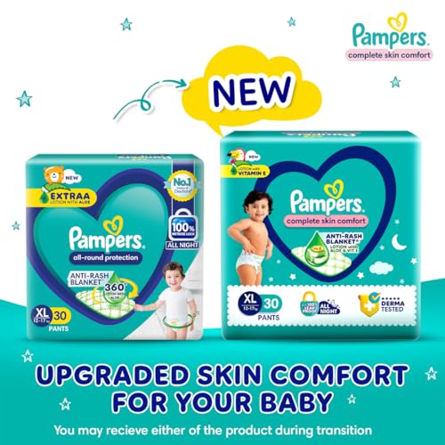 Image of Pampers Complete Skin Comfort Pants, Anti-rash blanket, Lotion with Vitamin E & Aloe Vera, Extra Large size baby diapers (XL) 30 Count, 12-17kg