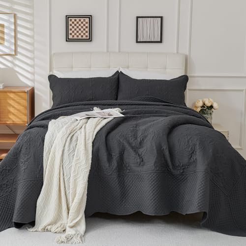 Image of EVENHUG Oversized King Bedspreads California King Quilt Set with Pillow Shams Extra Wide Large King Size Quilts Lightweight Coverlet Bedding Sets Dark Grey 120 inchx128 inch