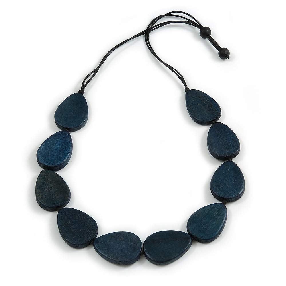 Avalaya Collar geométrico de cordón negro con cuentas de madera azul oscuro, 80 cm de largo ajustable, talla única, Madera cordones madera
