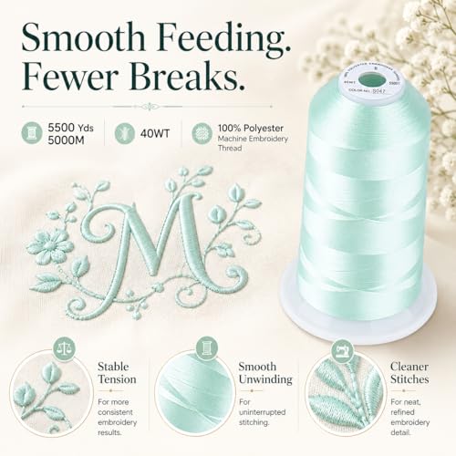 Image of Simthread Embroidery Thread 5000M 40WT Polyester, Light Seafoam S047 | 5000M 40WT polyester thread feeds smoothly for home or commercial embroidery projects.