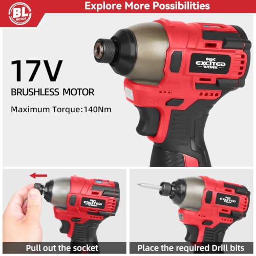 Image of 17V Brushless Screwdriver, 140Nm Cordless Impact Driver Set with 3 Adjustable Speed, 2 Batteries and Led Work Light (Red)