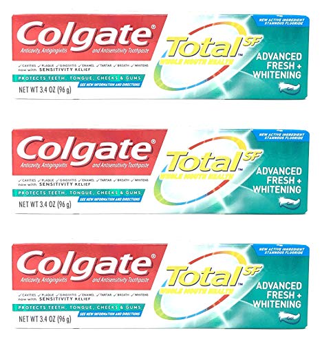 Colgate Total Whitening Toothpaste, Advanced Fresh + Whitening Gel, 3.4 oz (Pack of 3)