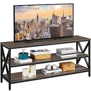 Yaheetech TV Stand for 65 Inch TV 55 Inch Entertainment Center with 3 Tier Storage Shelves Sturdy Metal Frame Industrial TV Console for Living Room Taupe Wood