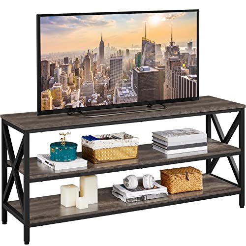 Yaheetech TV Stand for 65 Inch TV, 55 Inch Entertainment Center with 3 Tier Storage Shelves & Sturdy Metal Frame, Industrial TV Console for Living Room, Taupe Wood