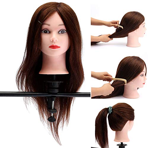 Hairdressing Training Head,100% Long Real Hair Hairstyling Salon Mannequin Head Practice Head Hairdresser, Practice Training Doll Heads Cosmetology with Clamp Stand for Home and Professional Use 20"