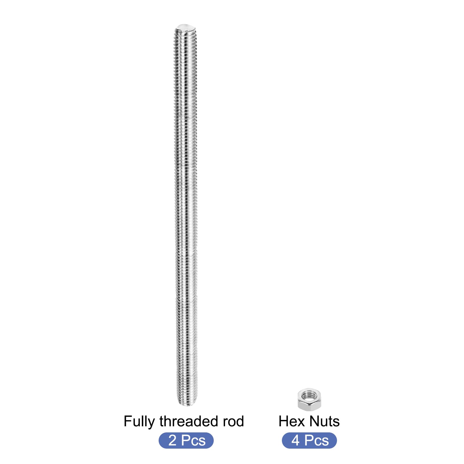 QUARKZMAN 2pcs Varilla Roscada M14 x 250mm, Perno Roscado a la Derecha Métrico Varillas Roscadas Completas de Acero Inoxidable con 4pcs Tuercas Hexagonales de 1.25mm Paso, Plateado