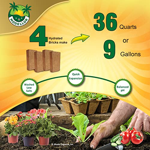 Image of MODELLOR Coco Coir Bricks, 4-Pack (5 lb) - Premium Super Washed, Yields 9 Gallons (36 Quarts), Organic, pH-Balanced Growing Medium for Seed Starting & Gardening