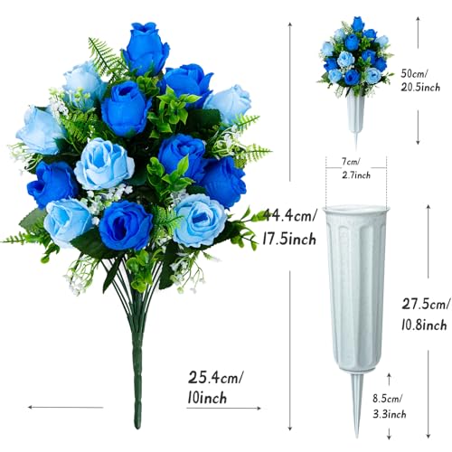 Artificial Cemetery Flowers for Grave Decorations, Memorial Roses Flowers Bouquet with Vase for Cemetery Headstones Decoration, 2 Sets (Dark Blue&Light Blue) image 3