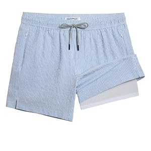 maamgic Men’s Swim Trunks 5.5 inch Seersucker 2 in 1 Beach Shorts Quick Dry Bathing Suits with Compression Liner