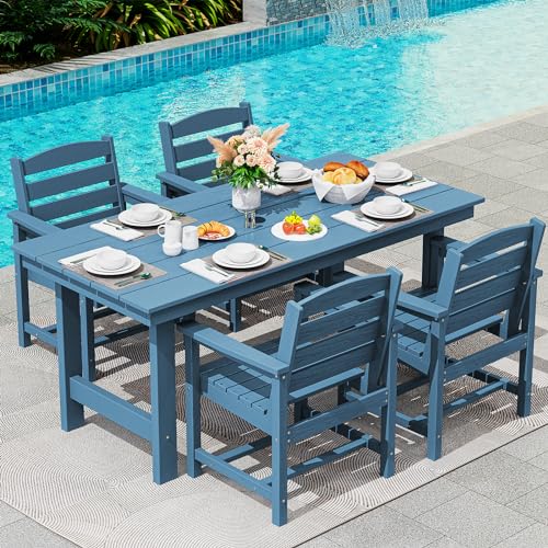 Image of SERWALL 5 Pcs HDPE Patio Dining Set w /Umbrella Hole Table & 4 Chairs, Blue | HDPE Outdoor Dining Set with Rectangular Table & 4 Chairs, All-Weather Patio Dining Furniture