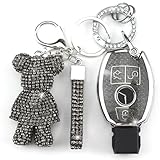 Rayslesan Cute Key Fob Cover with Rhinestone Bear Charm, Bling TPU Smart Key Case for Women, Compatible with Mercedes Benz C/C AMG, E/E AMG, R S G CL GLK ML Series (3-Button, Silver Black)