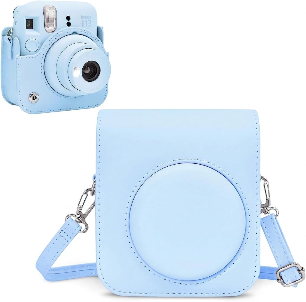PU Leather Protective Camera Case Compatible with Fujifilm Instax Mini 13 Rain Resistant Camera Pouch with Adjustable Shoulder Strap Travel Storage Cover for Daily Camera Protection (Pastel Blue)-image-20