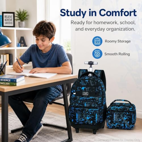 Image of 3Pcs Rolling Backpack for Boys, Men Roller Bag with Wheels for Adults, 19 Inche Graffiti Wheeled Bookbag with Lunch Box(Blue)