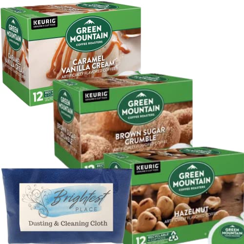 Variety Bundle K-Cup Coffee Pods With Green Mountain Coffee Roasters Flavors Caramel Vanilla Cream, Hazelnut, Brown Sugar Crumble 12Ct Pack Of 3 Boxes And Brightest Place Clean Up Cloth #TOP13