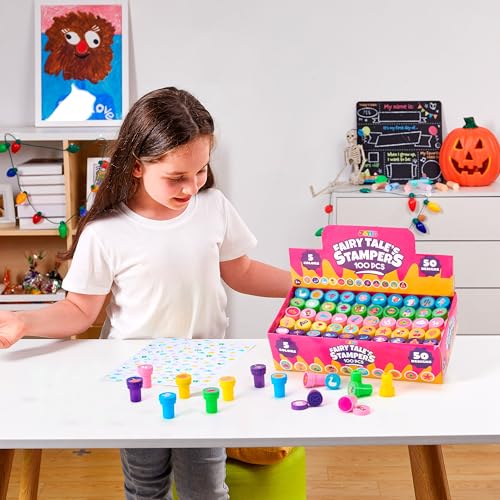 Image of JOYIN 100PCS FairyTale's Stamps for Kids Self-Ink for Party Favor, Teacher Stamps, Kids Treasure Box, Prize for Classroom, Birthday School Stuffers (50 Designs, Mermaid, Princess, Unicorn Stampers)