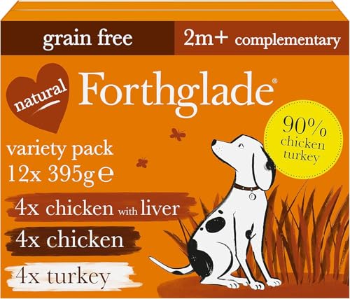 Forthglade Complementary Wet Dog Food (12 x 395g Trays) - Grain Free & Hypoallergenic Dog Food Just Chicken Chicken with Liver & Turkey 90% Protein Stomach Sensitive with Natural Ingredients