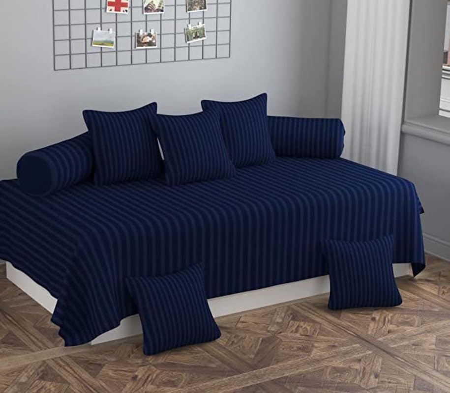 Jyotaksh 230 TC Satin Stripe Diwan Set for Living Room, Guest Room Glace Cotton, Set of 8 Pieces (Size (60x90) Inch 1 Single Bedsheet, 5 Cushion Covers, 2 Bolster Covers) Stripe-KI Nevy Blue-image-29