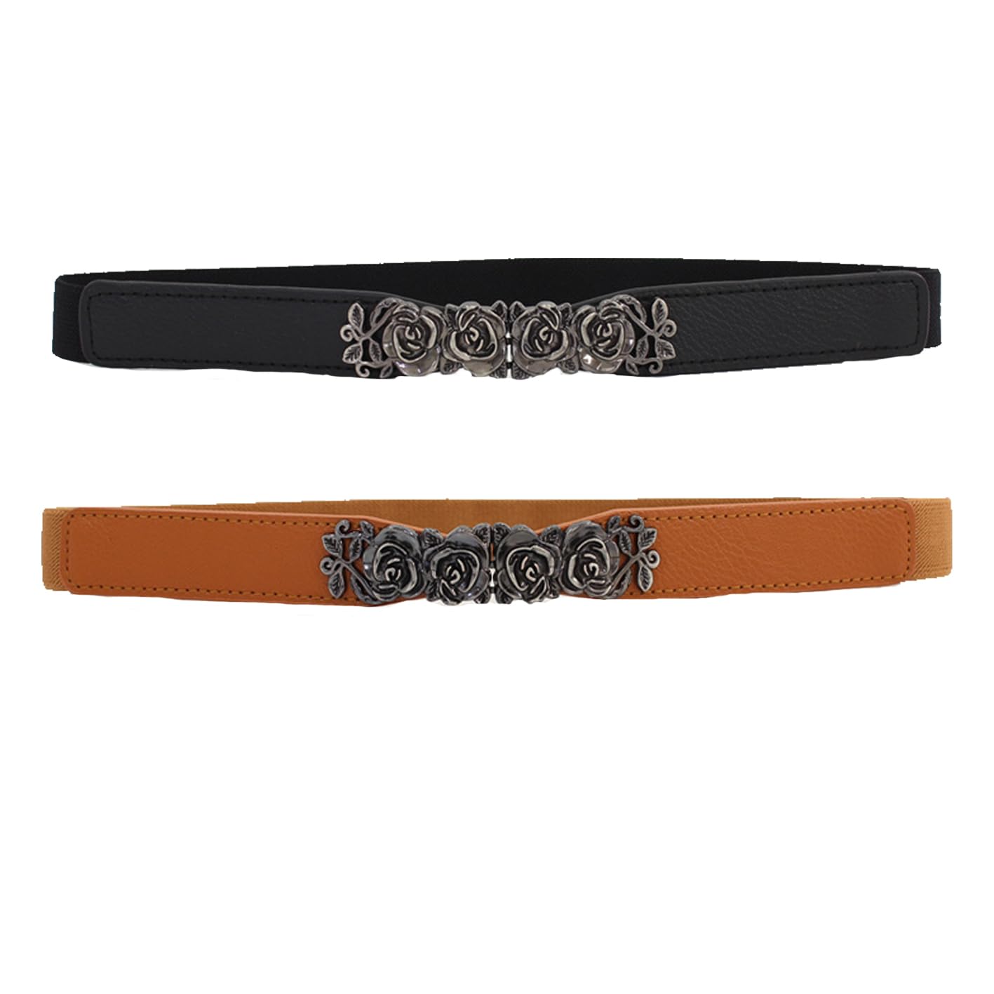 Pack Of 2 Women’s Stretchable Elegant Retro Rose Buckle Elastic Waist Belt – Stylish Thin Design For Dresses, Sarees, And Jeans(Black& Brown)-image-30