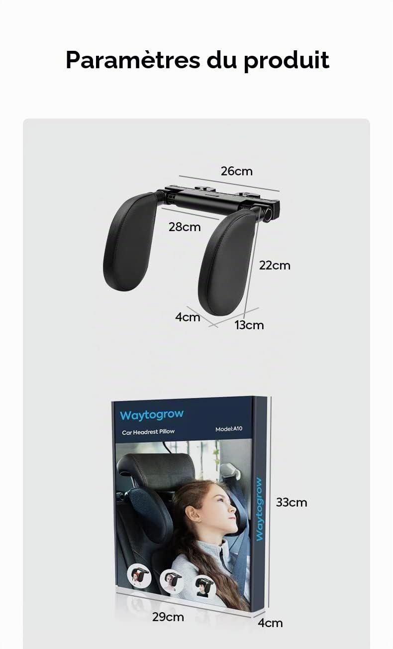 Appuie-tête auto pour enfants et adultes, coussinets latéraux réglables à 180°, éponge de mémoire tête et support de cou (Noir)