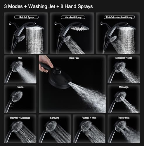 Image of 12 inch High Pressue Rain Shower Head with Handheld, 9 Sprays Hand Showerhead | Shower Heads with Handheld Spray Combo, Dual Head, Built-in Magnetic Docking, Power Jets, 59 inch Shower Hose, Black 1.75GPM