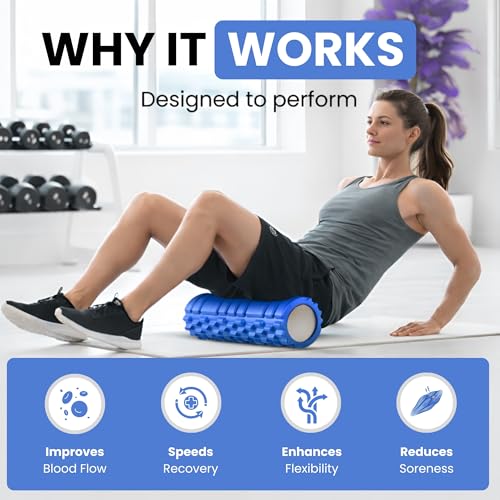 Image of Yogikuti Foam Roller for Muscle Recovery | High-Density Deep Tissue Massage Roller | Relieves Back Pain & Muscle Tension | Textured Anti-Slip Surface | Fitness & Yoga Tool (Blue, Small)