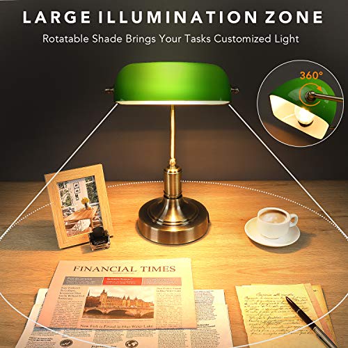 Green Glass Banker’s Lamp with 2 Fast USB Charging Ports, 3 Way Dimmable Desk Lamp, Touch Control Vintage Table Lamp for Workplaces, Library, Bedroom, Piano Style Lamp