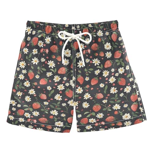 ALAZA Strawberry Daisy Blossom Print Boys Quick Dry Beach Board Shorts Kids Swim Trunks Bathing Suit Swimsuit 3T