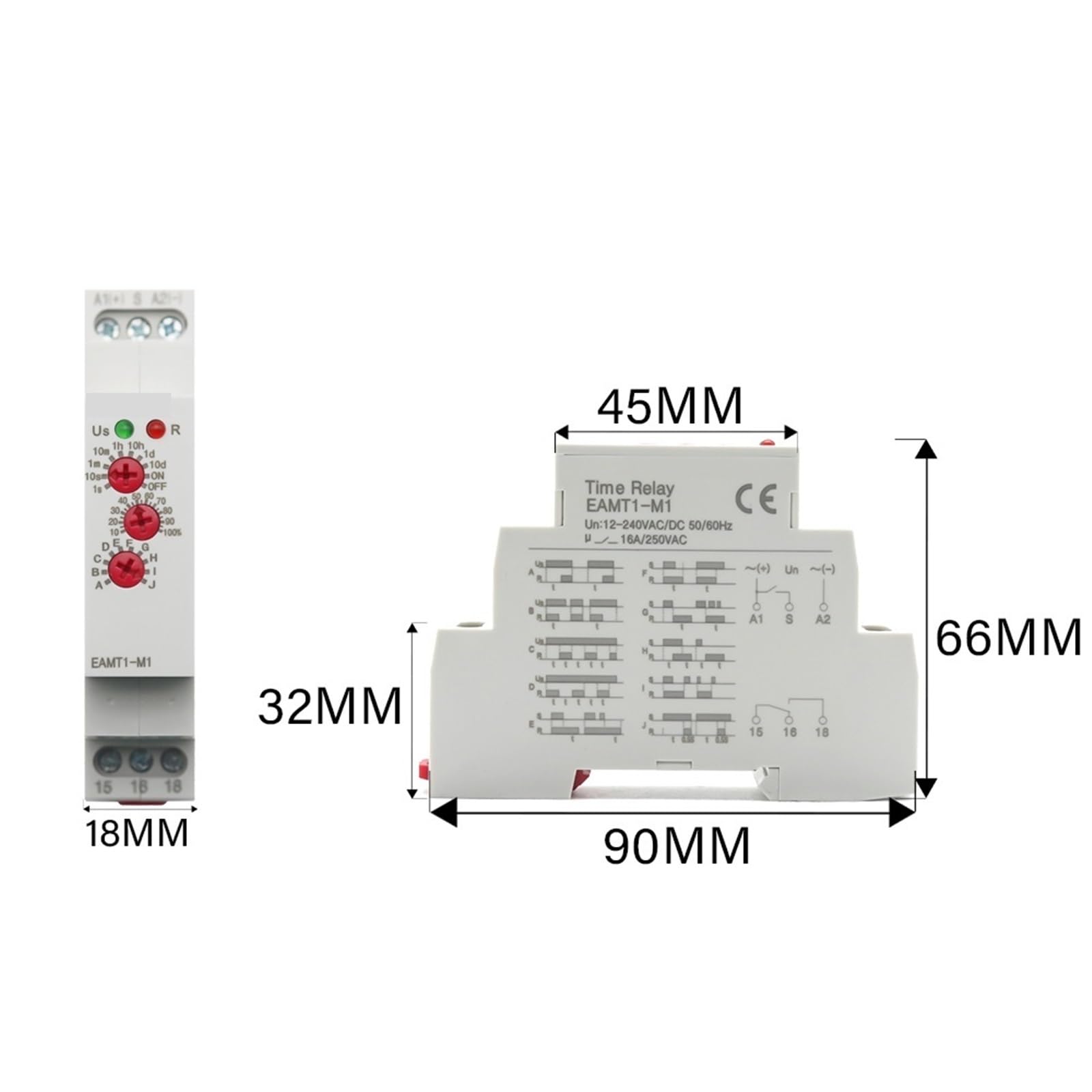 Relè temporizzato Multifunzione 16A/250VAC con 10 funzioni selezionabili, Tipo Guida DIN, 12-240VAC/DC, da 0,1 Secondi a Giorni, Pezzo(EAMT1-M2)