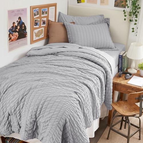 Image of HYMOKEGE Light Grey Twin Comforter Set Seersucker 5 Pieces, All Season Luxury Bed in a Bag for Bedroom, Bedding Set with Comforters, Sheets, Pillowcase & Sham