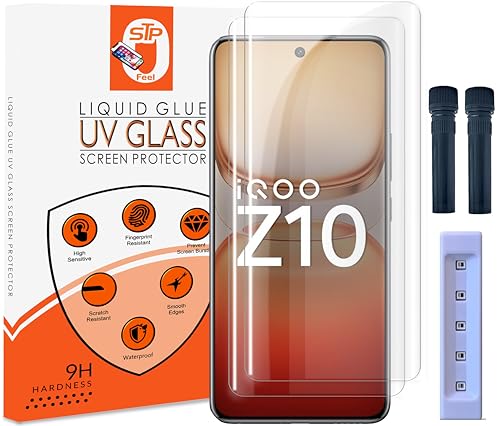 Image of STP FEEL Advanced UV Tempered Glass Screen Protector Guard Compatible For IQOO Z10 5G (6.77 Inch, Pack of 2) Full Adhesive UV Curved Case Friendly HD Clarity with easy installation kit for Smartphone