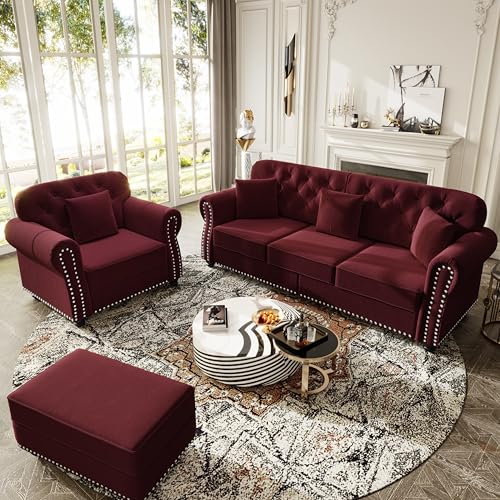 Image of KEIKI 2-Piece Chesterfield Sofa Set with 1 Velvet 3-Seater Sofa & 1 Single Sofa, Upholstered 4-Seater Couch Set with Nailhead Trim & Rolled Arms & 1 Ottoman & 4 Pillow, for Living Room, Burgundy