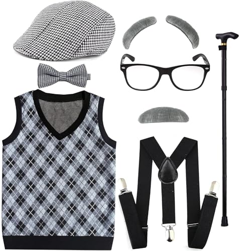 EFORLED Kids 100 Days of School Costume for Boys - Halloween Old Man Costume Hat, Glasses and Grandpa Vest Set for Child,LightGrey1-10