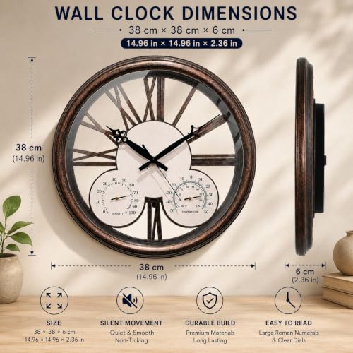 Image of ARMONIA Heritage Royale Roman Numeral Wall Clock with Temperature & Humidity Gauge, Silent Non-Ticking Quartz Movement, Decorative Wall Clock for Living Room, Bedroom, Office & Home Decor, 14.96 Inch