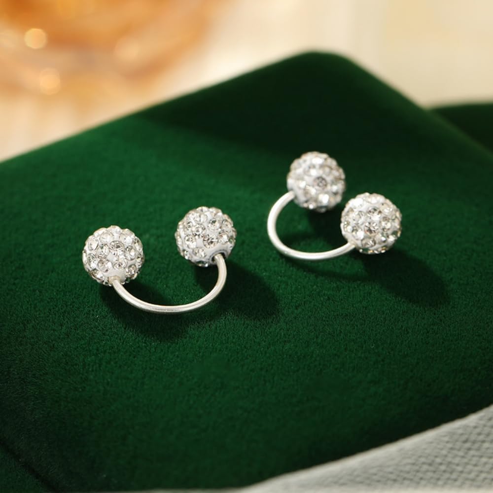 Shiny Balls U Shaped S999 Sterling Silver Hypoallergenic Small Hoop Stud Earrings for Women Teens Dainty Double Cubic Zirconia Crystal Balls Huggie Hoops 18g Screw On Piercing Studs Birthday Gifts - Image 4